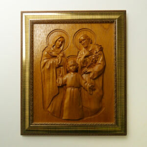 Quadro em relevo da Sagrada Família Jesus Maria e José em madeira cedro rosa