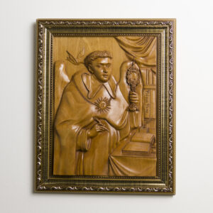 Imagem de Santo Tomás de Aquino (baseada em pintura portuguesa do Século XVIII) - em Madeira Maciça Curupixá - Relevo